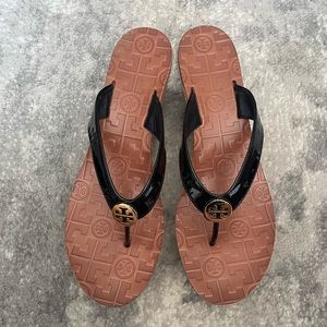 Tory Burch Black and Tan Wedge Sandals